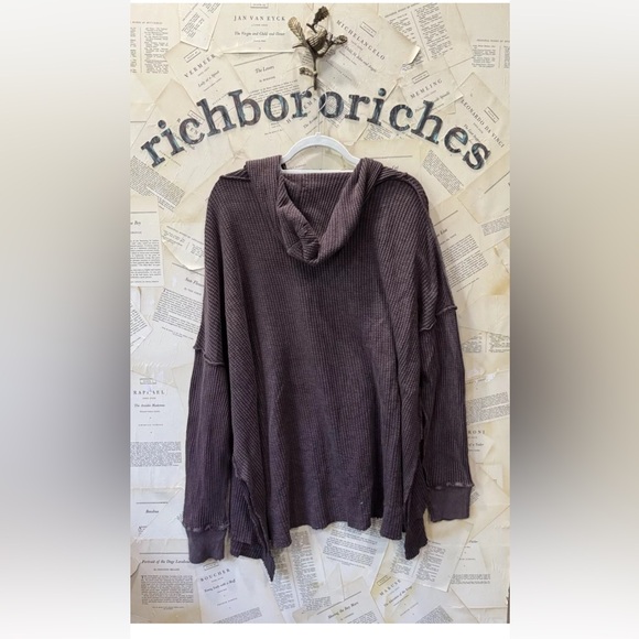 Free People One Gannet Hoodie Waffle Knit Front Pocket Side Slits Brown - Picture 5 of 9